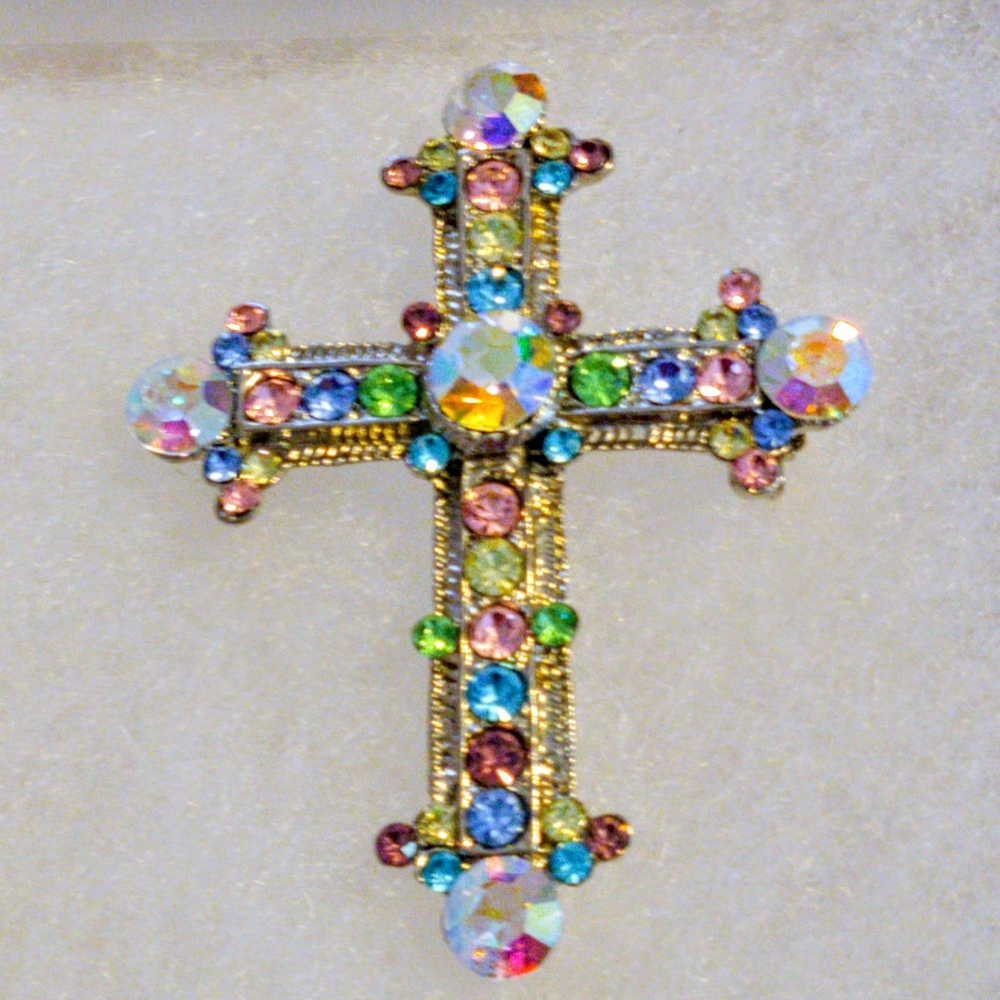 Rhinestone Pink and Blue Gemstone Cross Brooch vintage from the 1940 - 1950's.